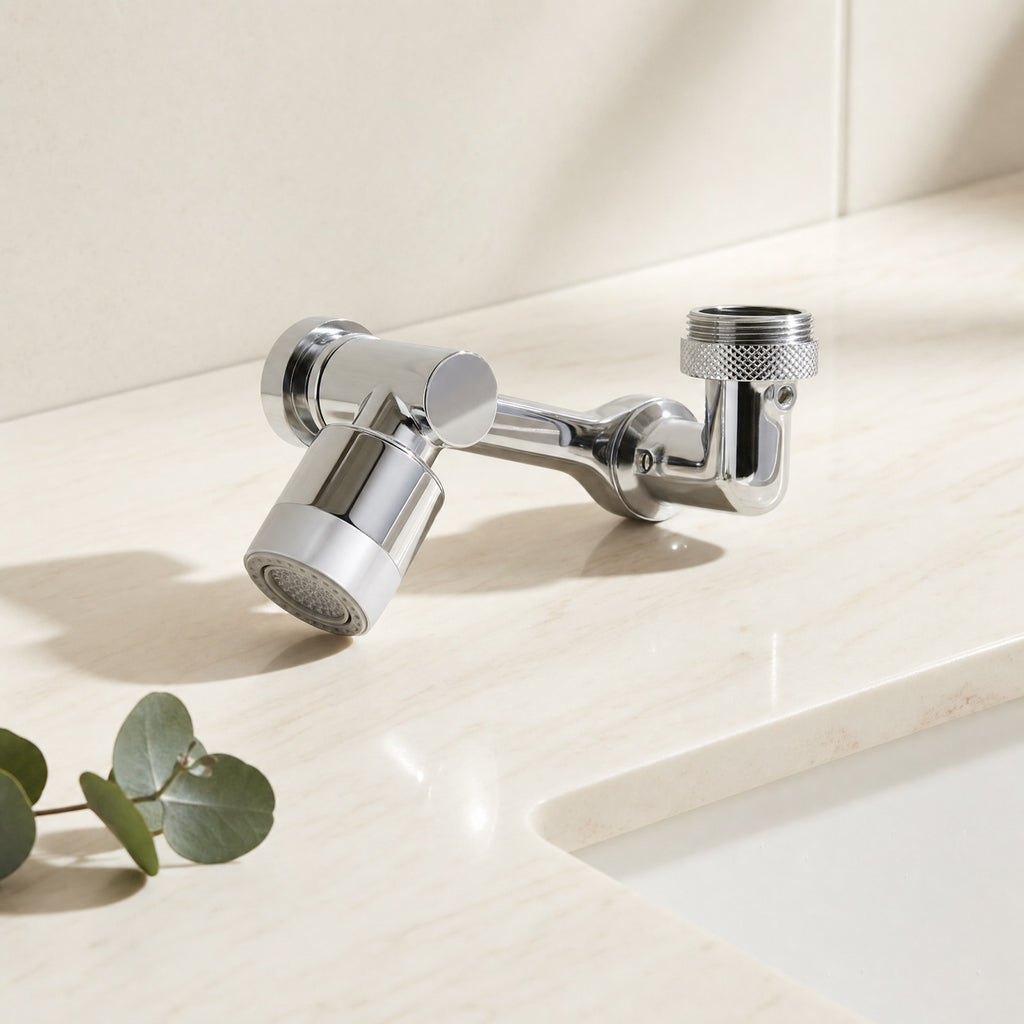 Chrome mechanical-arm faucet extender on a cream studio background