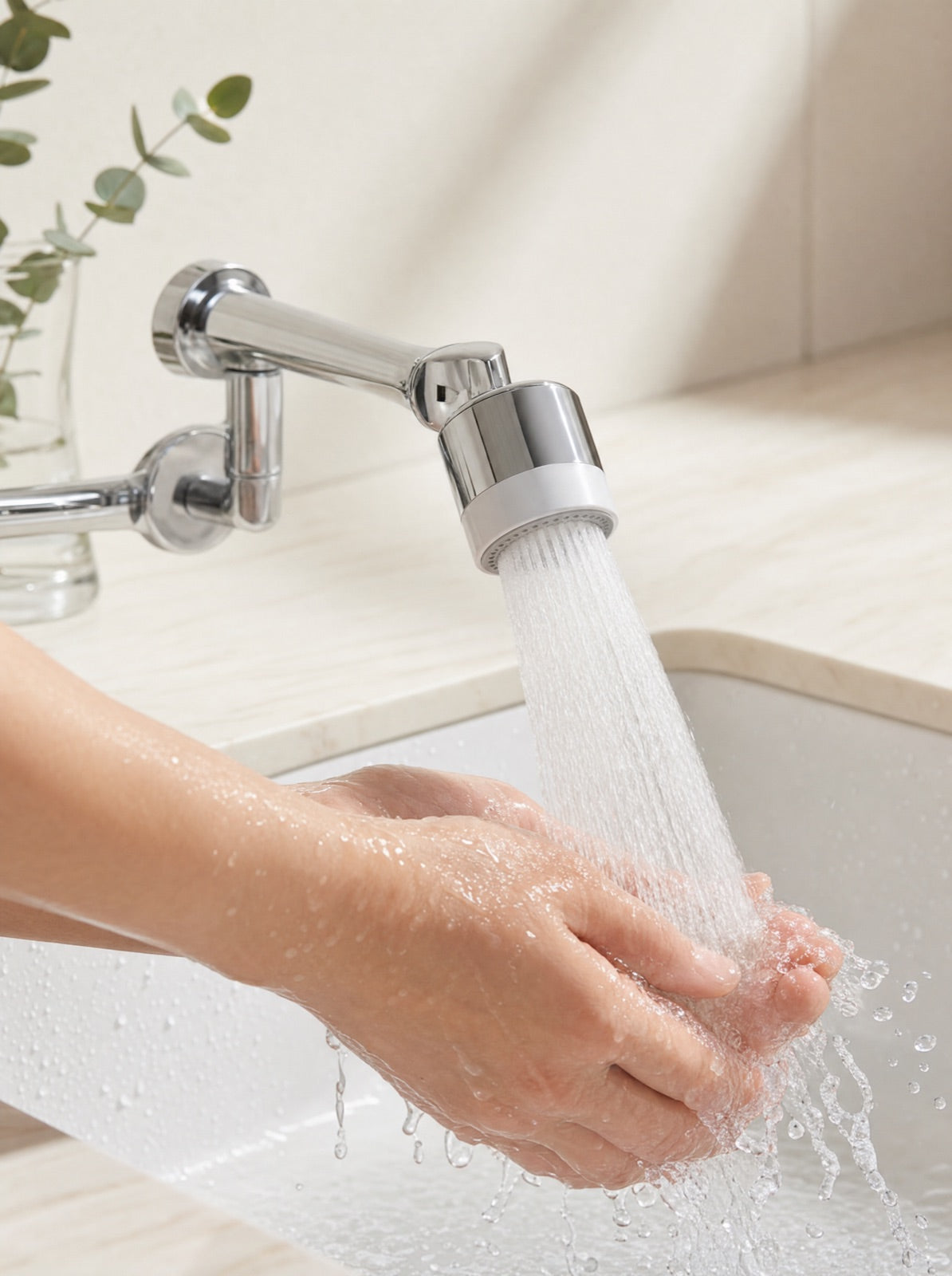 Hands washing under the wide spray of the swivelling faucet extender