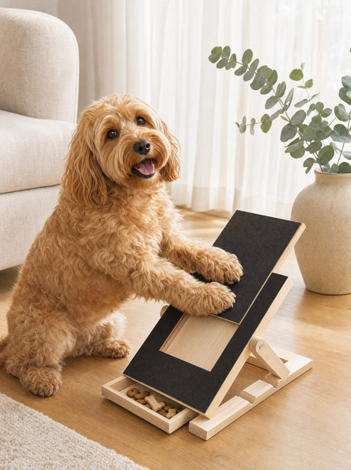 Cavoodle filing its nails on the inclined scratch board, chasing the treat in the drawer