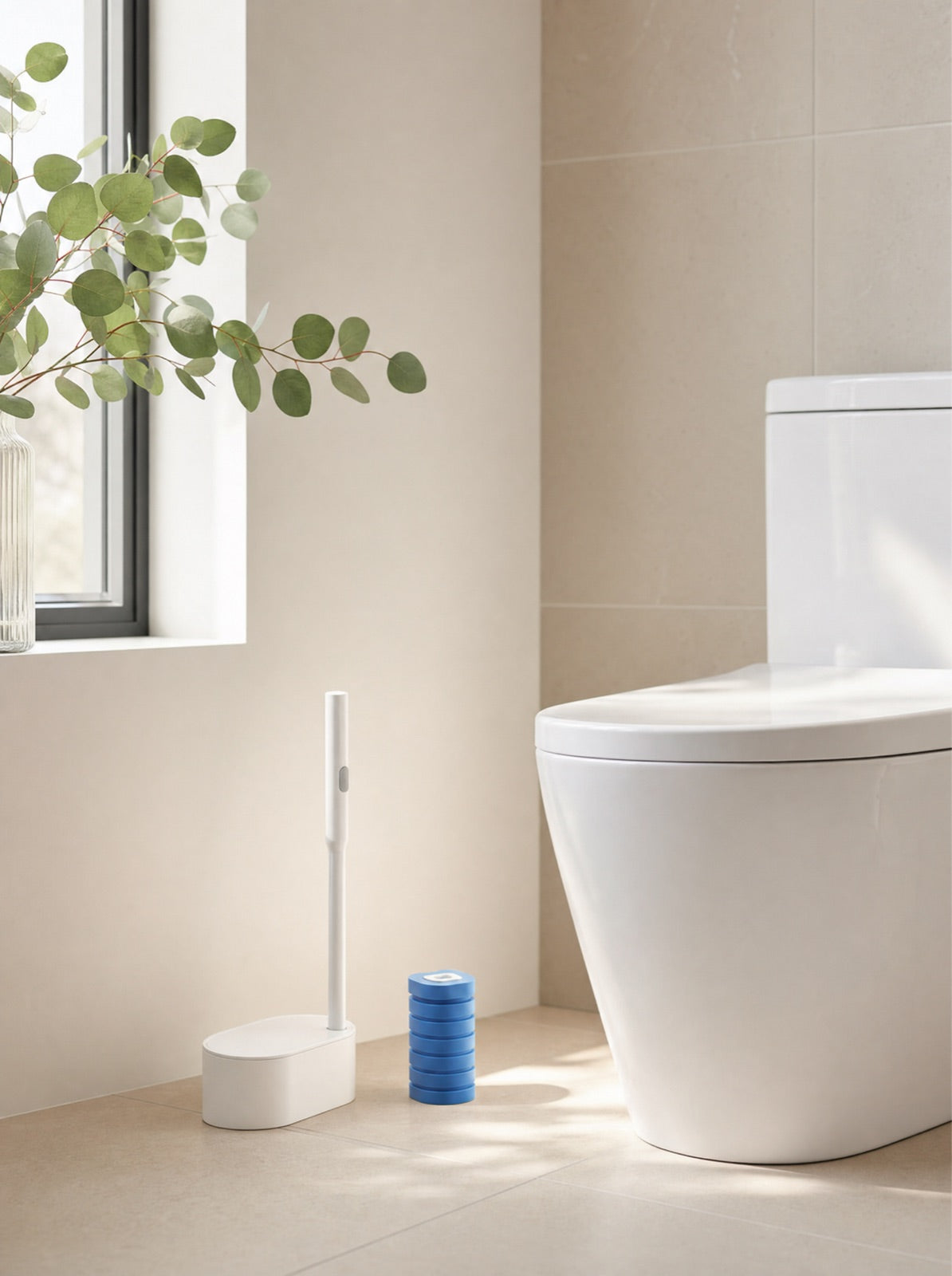 Toilet brush set in a bright bathroom corner beside the toilet