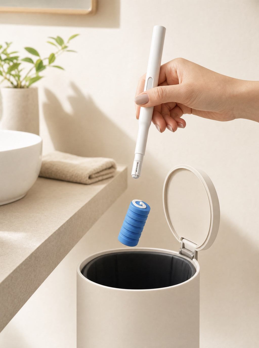 Close-up of a disposable brush head clicking off the handle — no-touch disposal
