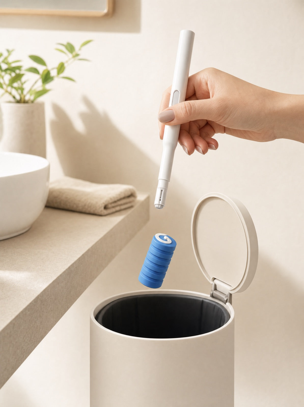 Close-up of a disposable brush head clicking off the handle — no-touch disposal