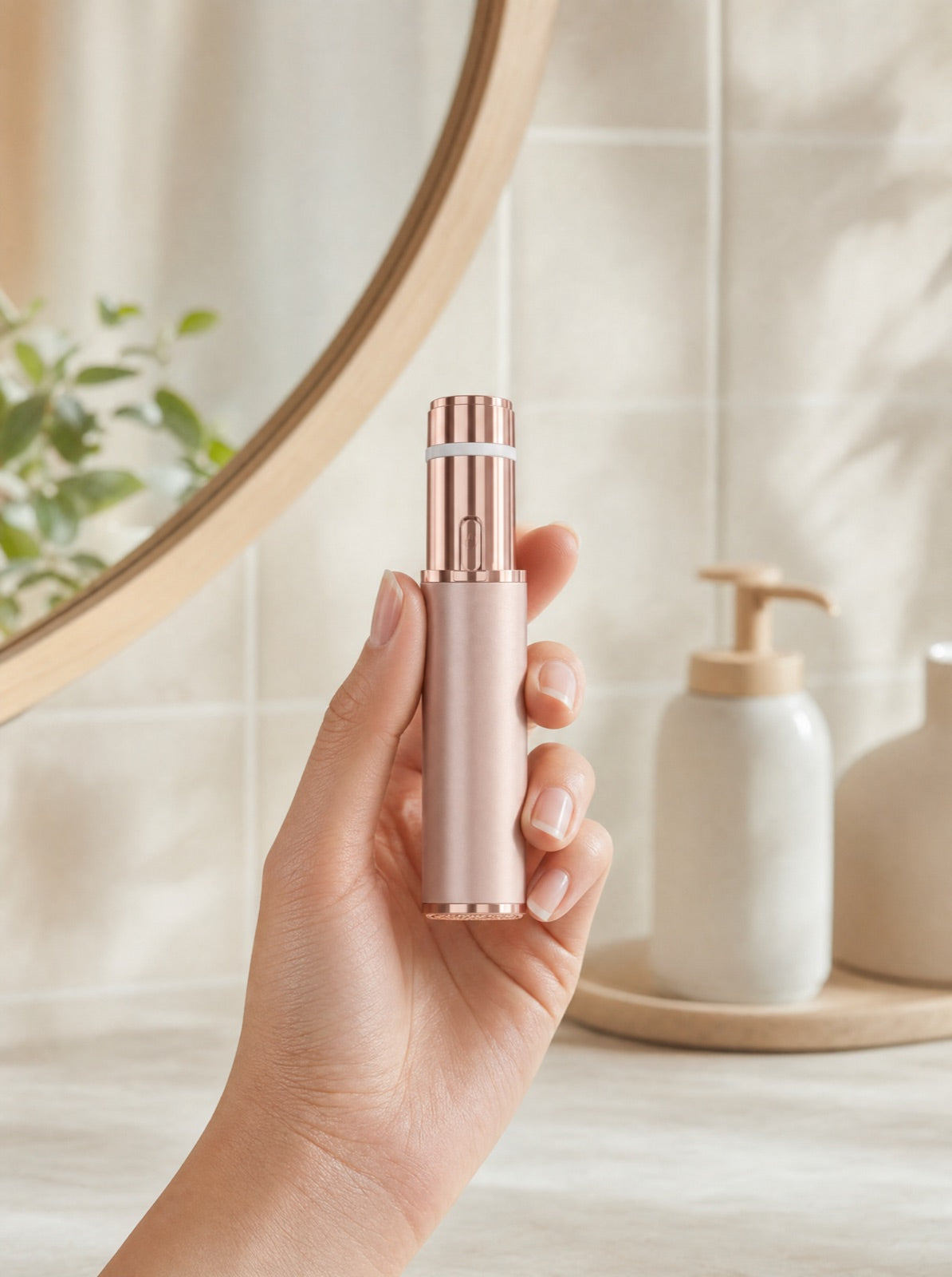 Hand holding the rose-gold facial trimmer, showing its lipstick-sized grip