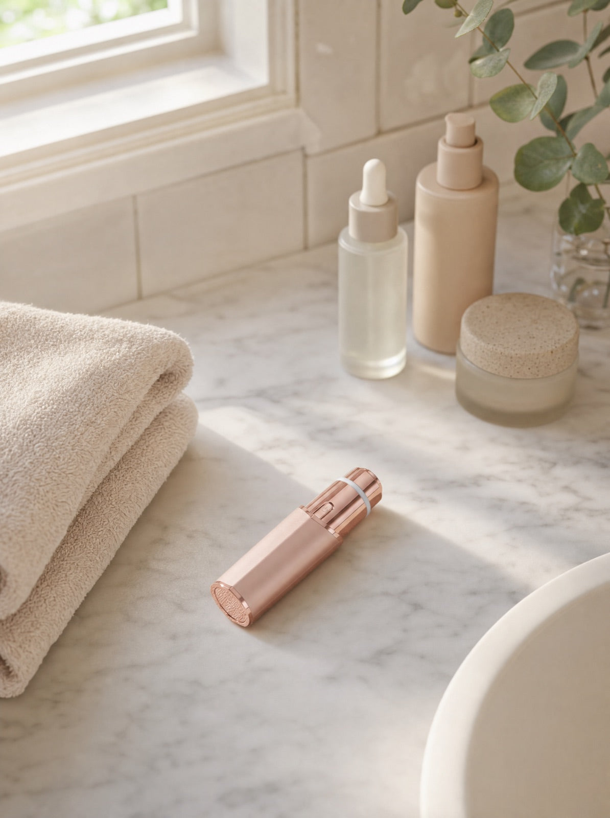 Facial trimmer on a bathroom vanity beside cosmetics — everyday grooming setup